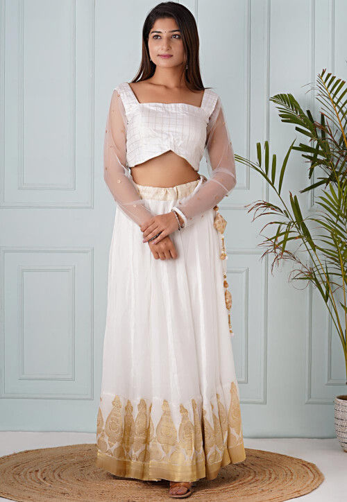 Buy Woven Chanderi Silk Jacquard Crop Top Set in White Online