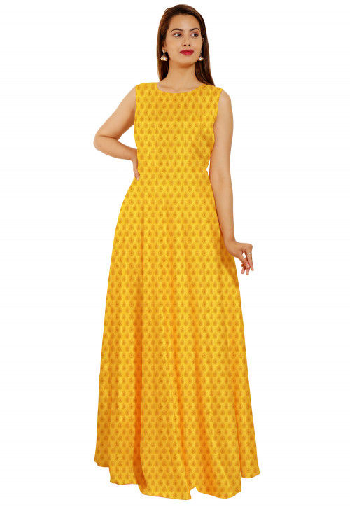 Woven Chanderi Silk Jacquard Flared Gown in Yellow