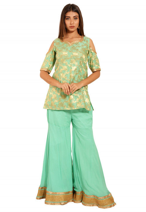Woven Chanderi Silk Jacquard Kurti Set in Light Green