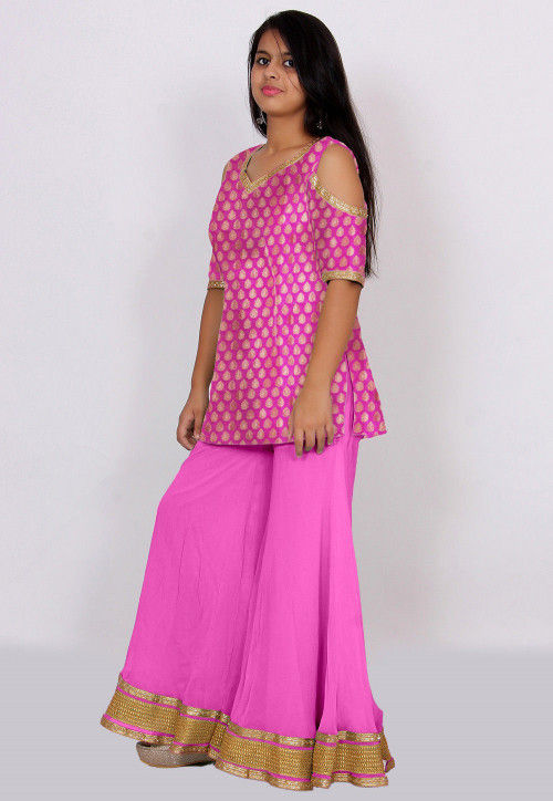 Woven Chanderi Silk Jacquard Kurti Set in Pink