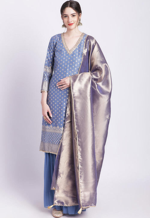 Woven Chanderi Silk Jacquard Pakistani Suit in Dusty Blue