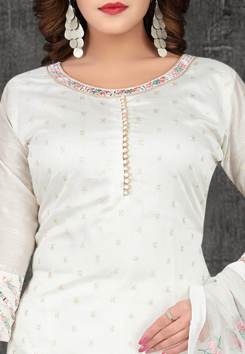 Buy Woven Chanderi Silk Jacquard Pakistani Suit in Off White Online ...