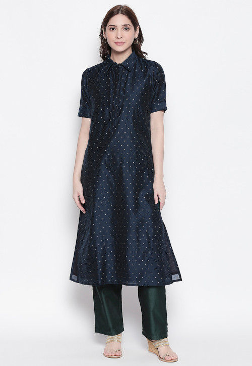 Woven Chanderi Silk Jacquard Straight Kurta in Navy Blue