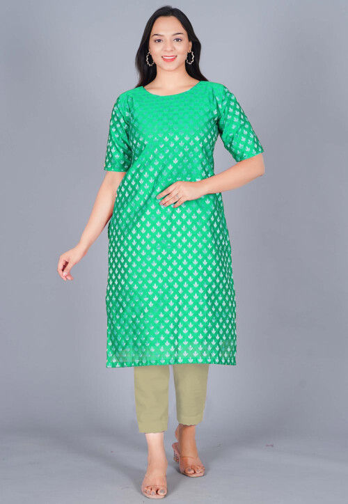 Woven Chanderi Silk Jacquard Straight Kurta Set in Sea Green