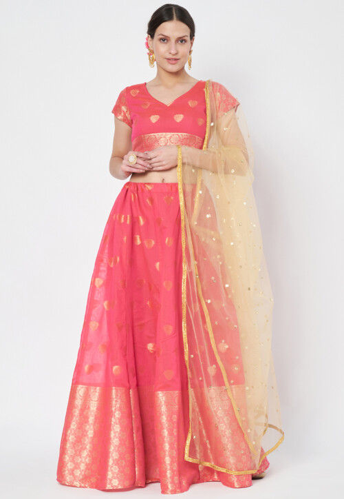 Woven Chanderi Silk Lehenga in Pink