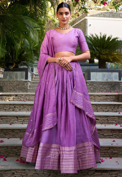 Woven Chanderi Silk Lehenga in Purple
