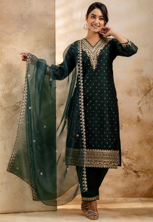 Woven Chanderi Silk Pakistani Suit in Dark Green
