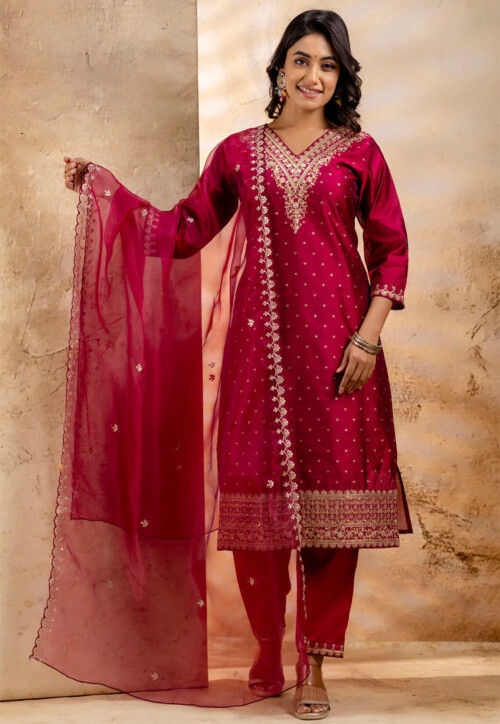 Woven Chanderi Silk Pakistani Suit in Fuchsia