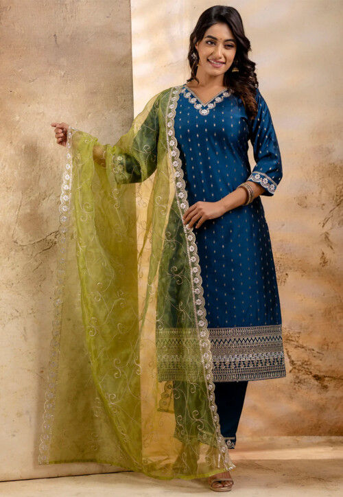 Woven Chanderi Silk Pakistani Suit in Teal Blue