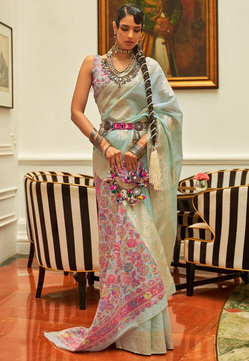 Woven Chanderi Silk Saree in Sky Blue