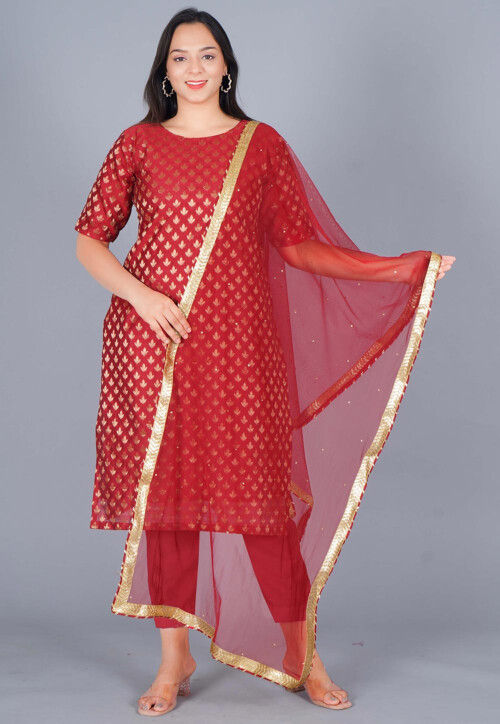 Woven Chanderi Straight Suit in Maroon