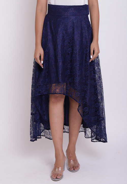 Woven Chantelle Net Asymmetric Skirt in Navy Blue
