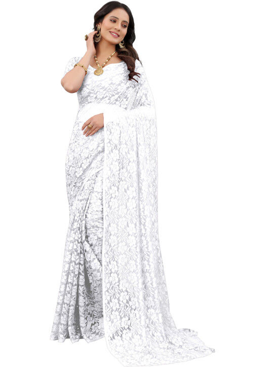 Woven Chantelle Net Saree in Off White
