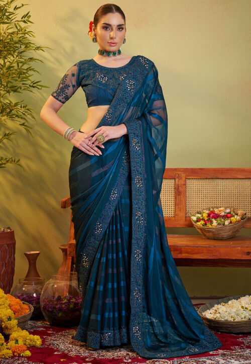 Woven Chiffon Brasso Saree in Teal Blue