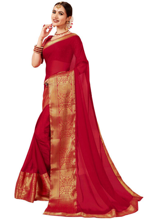 Buy Calmna Valentine Red Pure Chiffon Saree-Red with Unstitched Blouse  online