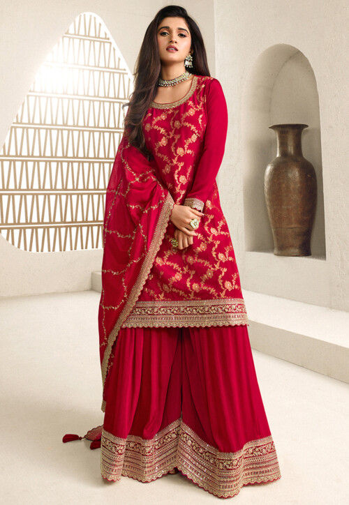 Woven Chinon Chiffon Jacquard Pakistani Suit in Red