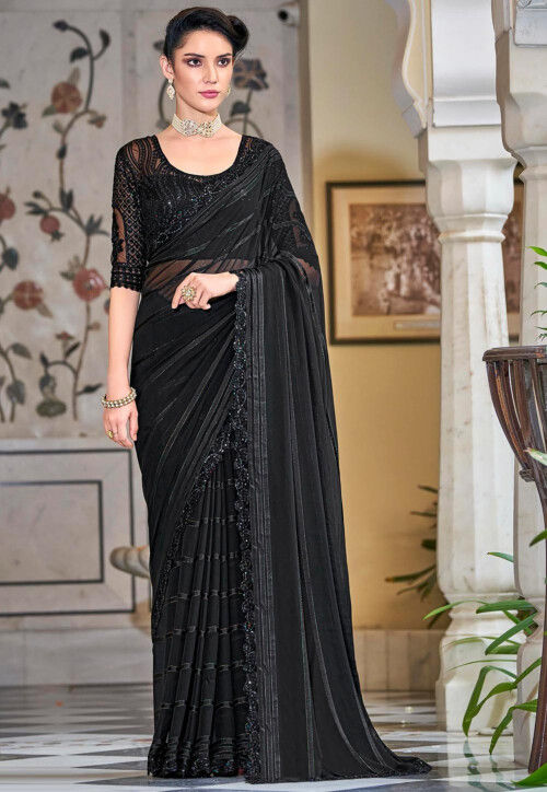 Buy Women's Beautiful Black Colour Soft Chiffon Saree With Blouse