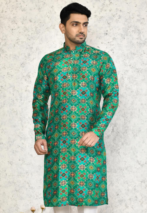 Woven Chinon Crepe Jacquard Kurta in Green