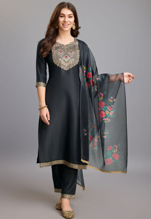 Woven Chinon Silk Pakistani Suit in Black