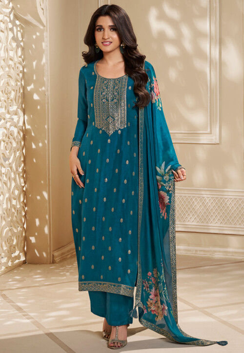 Teal Chinon Silk Plazo Suit With Kameez & Dupatta For Indian & Pakistani Wedding Festival - Dori With Thread & Sequence Embroidery Work