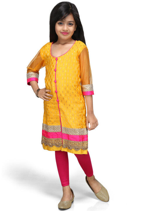 Woven Chinon Viscose Straight Kurta Set in Yellow