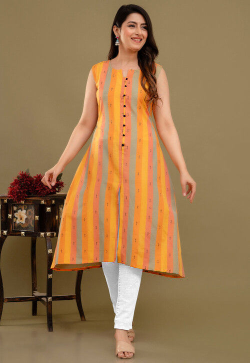 Woven Cotton Aline Kurtas in Multicolor