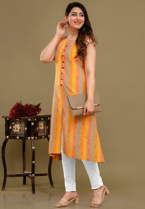 Woven Cotton Aline Kurtas in Multicolor