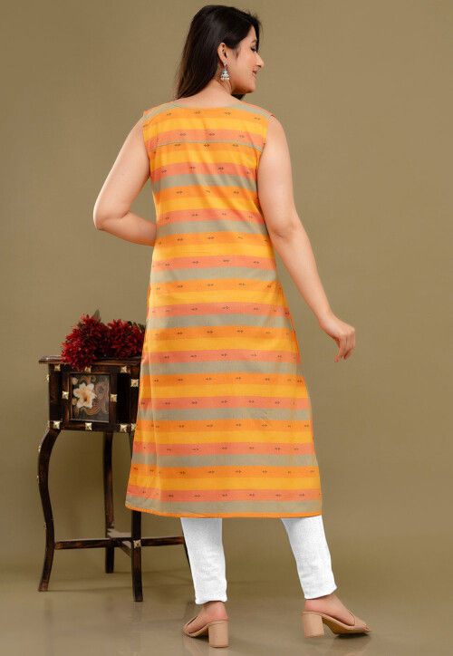 Woven Cotton Aline Kurtas in Multicolor