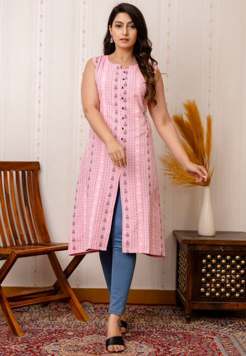 Woven Cotton Aline Kurta in Pink
