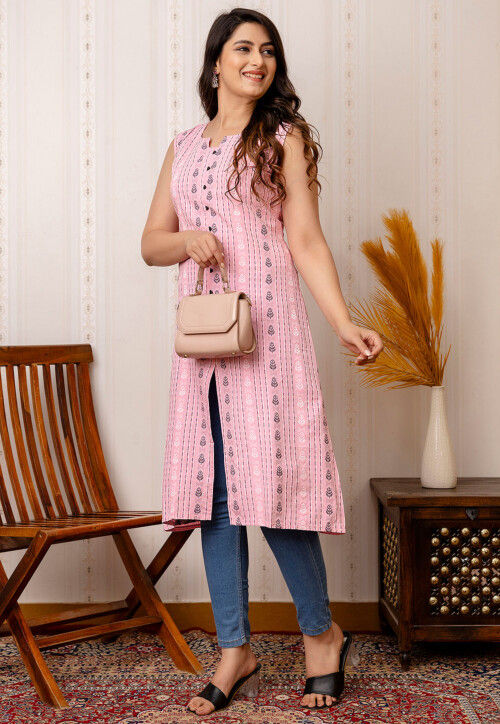 Woven Cotton Aline Kurta in Pink