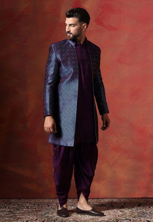 Woven Cotton Dhoti Kurta in Purple