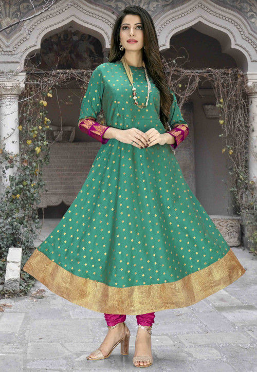 Woven Cotton Jacquard A Line Kurta in Teal Green