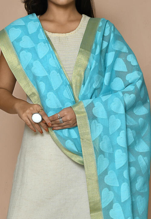 Woven Cotton Jacquard Dupatta From Banaras in Sky Blue
