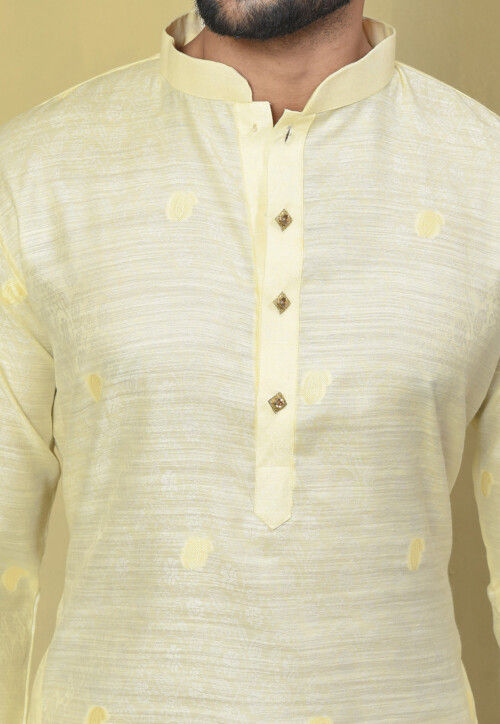 Woven Cotton Jacquard Kurta in Light Beige