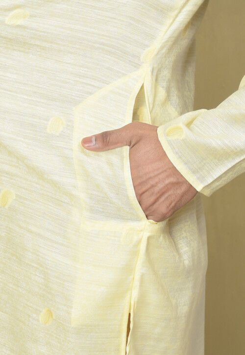 Woven Cotton Jacquard Kurta in Light Beige