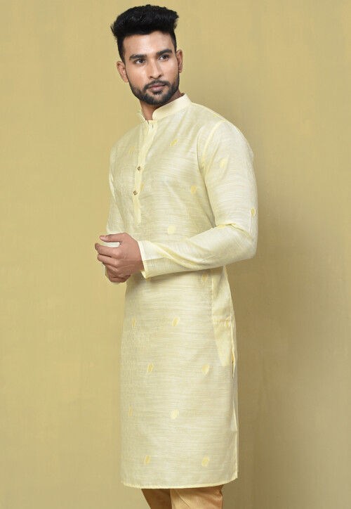 Woven Cotton Jacquard Kurta in Light Beige