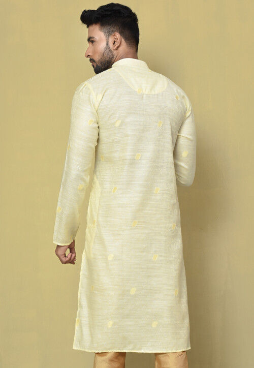 Woven Cotton Jacquard Kurta in Light Beige