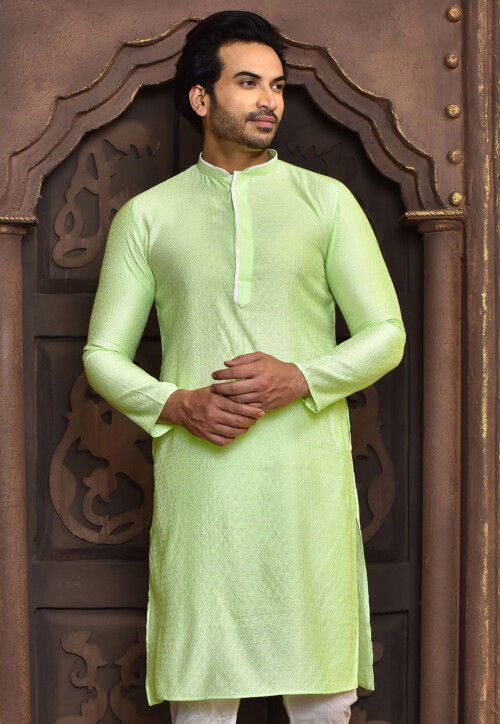 Woven Cotton Jacquard Kurta in Light Green