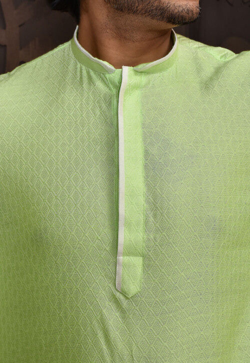 Woven Cotton Jacquard Kurta in Light Green
