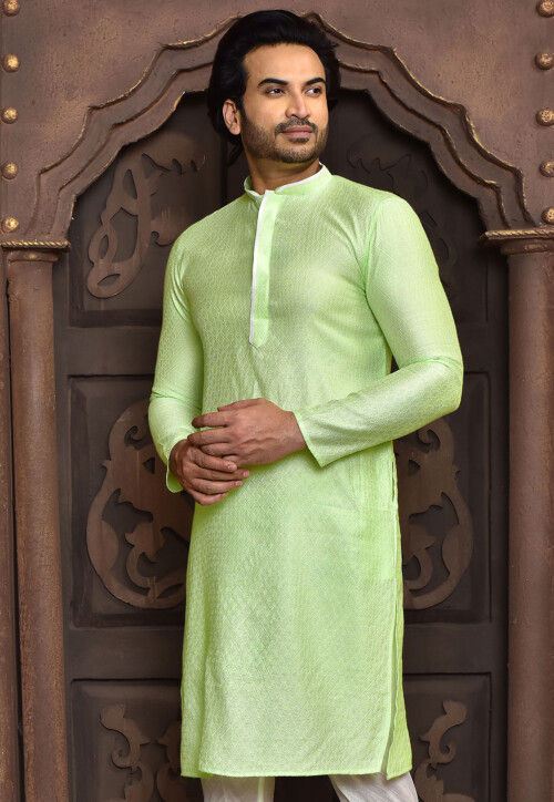 Woven Cotton Jacquard Kurta in Light Green