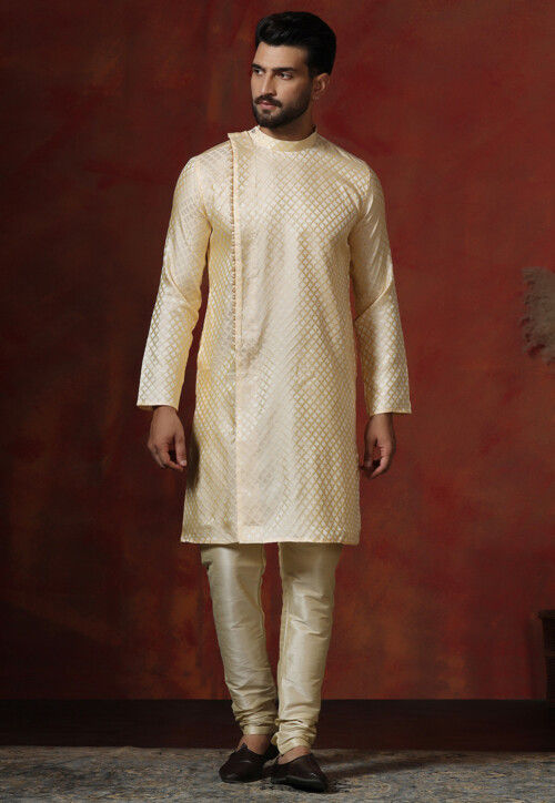 Woven Cotton Jacquard Kurta Set in Light Yellow