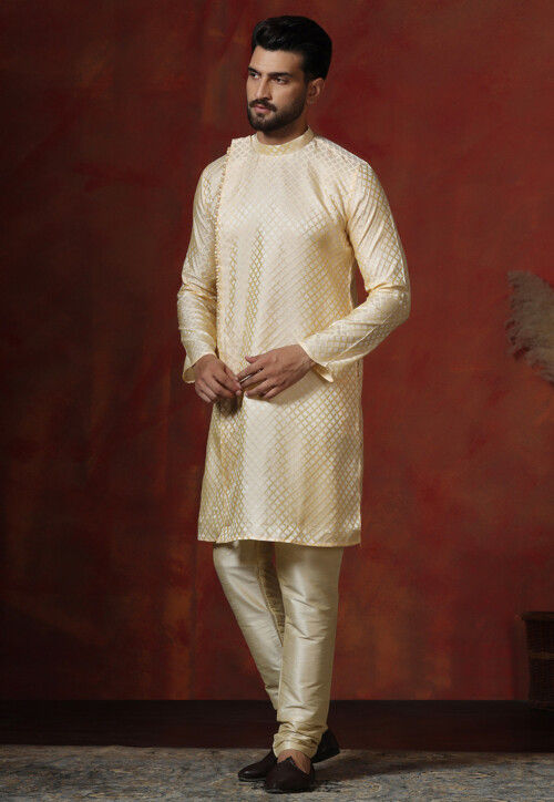 Woven Cotton Jacquard Kurta Set in Light Yellow
