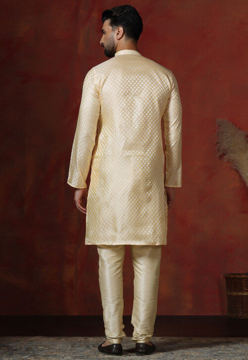 Woven Cotton Jacquard Kurta Set in Light Yellow