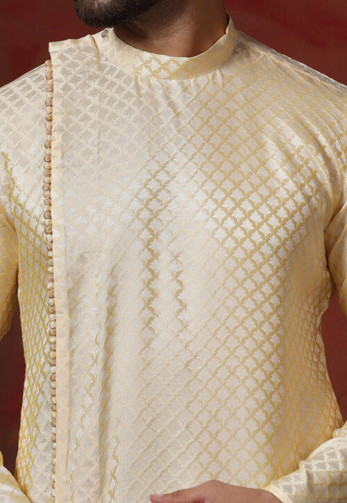 Woven Cotton Jacquard Kurta Set in Light Yellow
