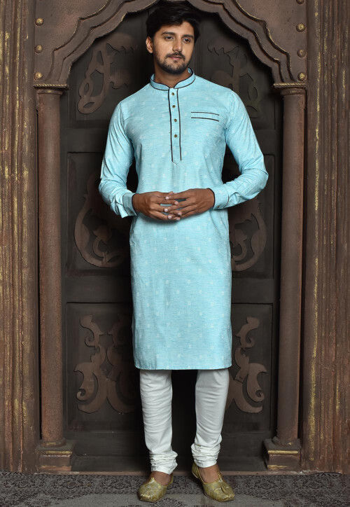 Woven Cotton Jacquard Kurta Set in Sky Blue