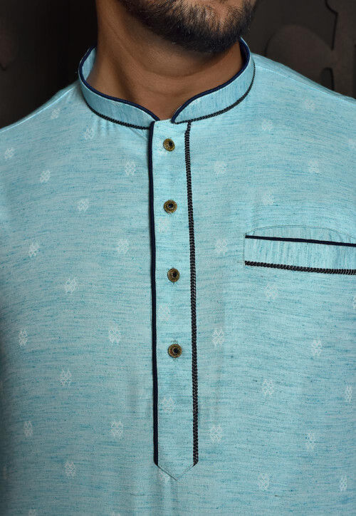 Woven Cotton Jacquard Kurta Set in Sky Blue