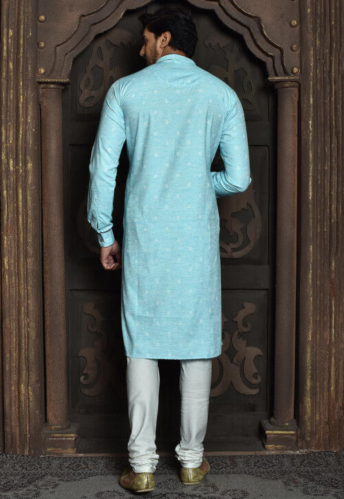 Woven Cotton Jacquard Kurta Set in Sky Blue