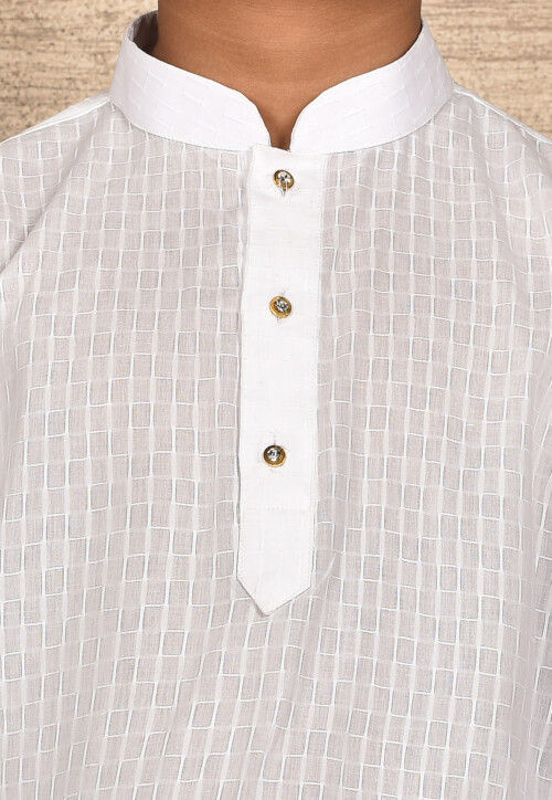 Woven Cotton Jacquard Kurta Set in White