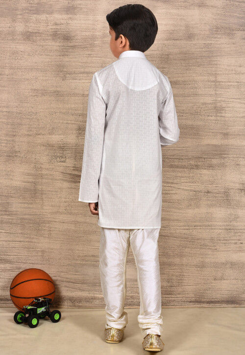 Woven Cotton Jacquard Kurta Set in White