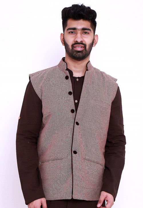 Buy Wine Nehru Jacket Set In Raw Silk With Resham And Mirror Embroidered  Geometric Jaal And Aligarh Pants KALKI Fashion India